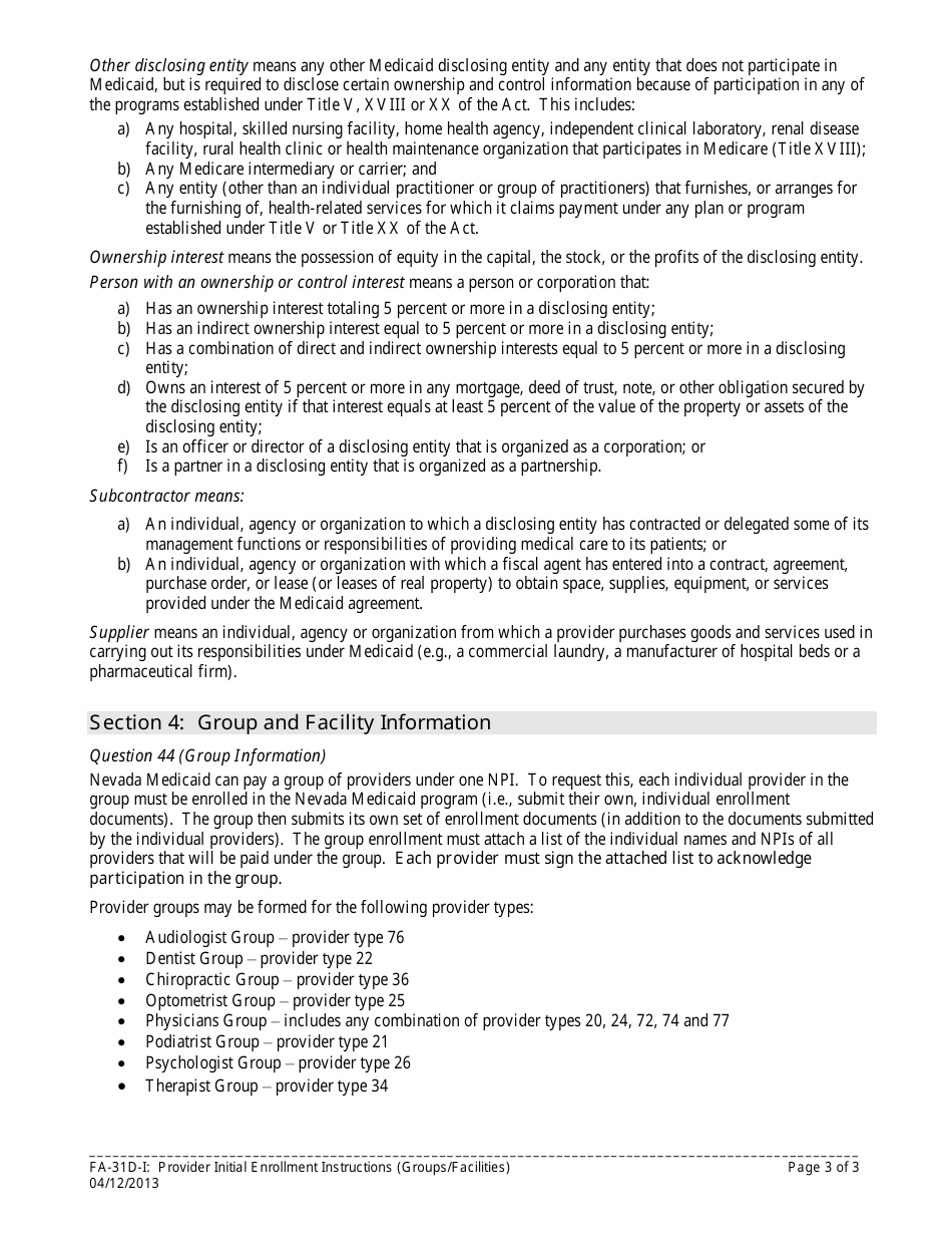 Form FA-31D Provider Initial Enrollment Application (Groups / Facilities) - Nevada, Page 3