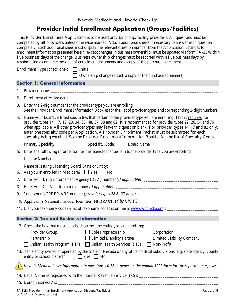 Form FA-31D Provider Initial Enrollment Application (Groups / Facilities) - Nevada, Page 4