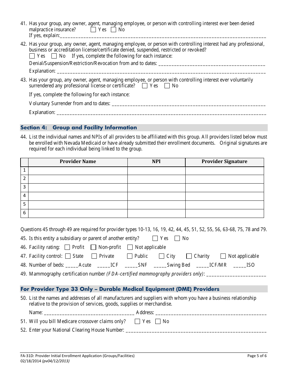 Form FA-31D Provider Initial Enrollment Application (Groups / Facilities) - Nevada, Page 8