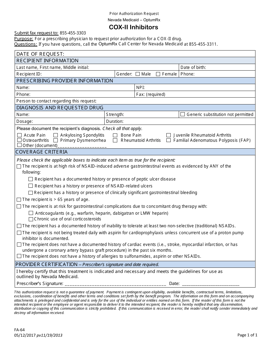 Form FA-64 Prior Authorization Request - Cox-II Inhibitors - Nevada, Page 1