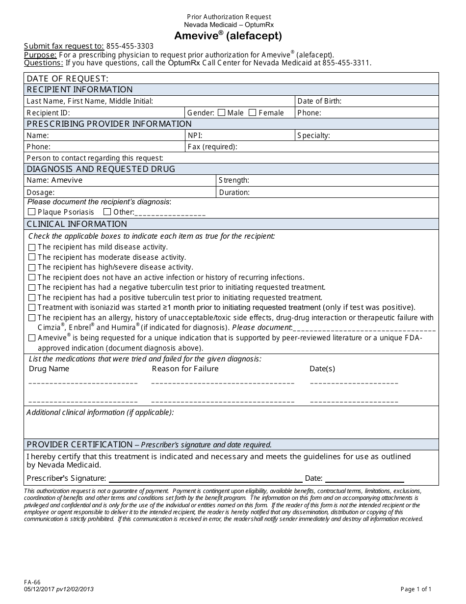 Form FA-86 Prior Authorization Request - Amevive (Alefacept) - Nevada, Page 1