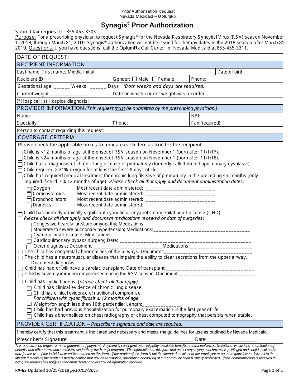 Form FA-65 Synagis Prior Authorization - Nevada, Page 1