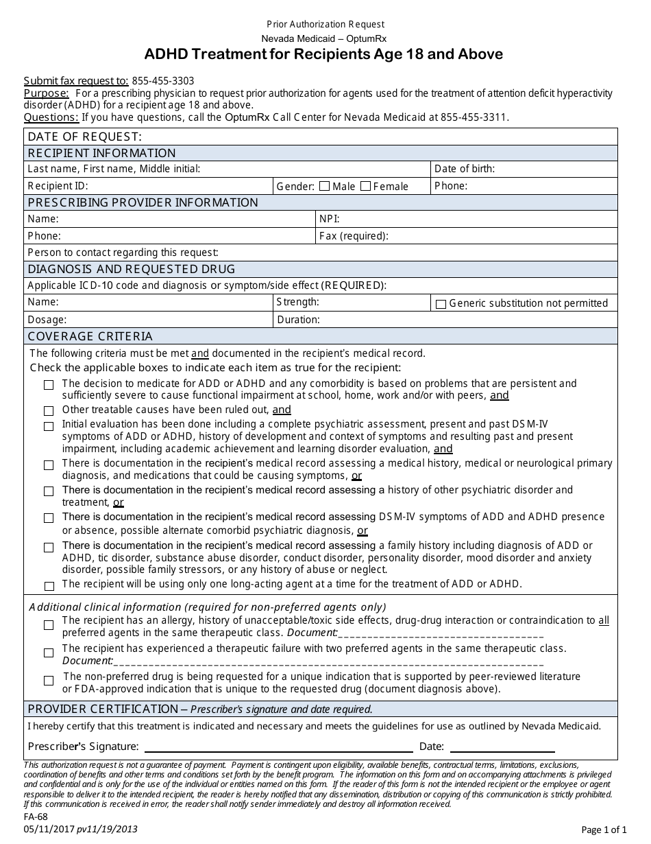 Form FA-68 - Fill Out, Sign Online and Download Fillable PDF, Nevada ...