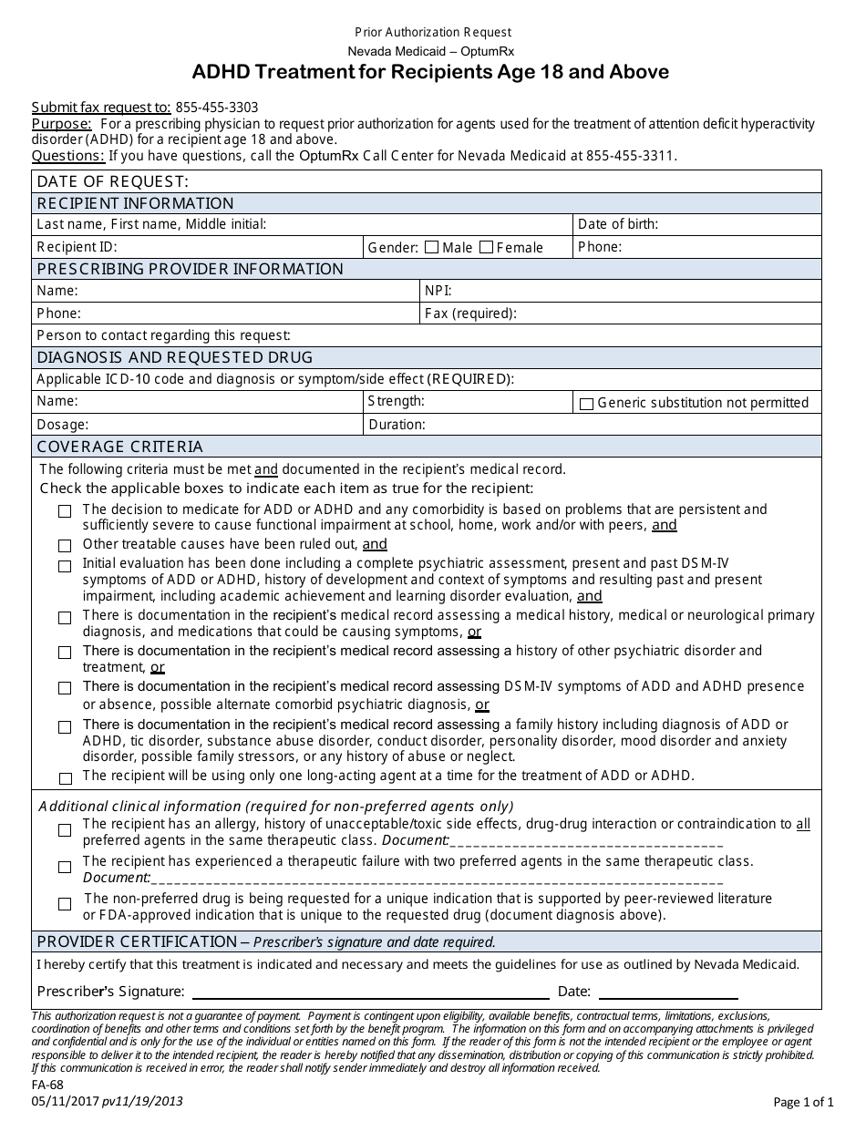 Form FA-68 Prior Authorization Request - Adhd Treatment for Recipients Age 18 and Above - Nevada, Page 1