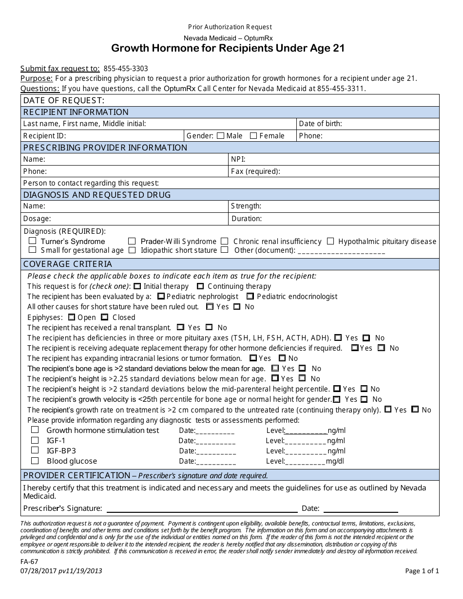 Form FA-67 Prior Authorization Request - Growth Hormone for Recipients Under Age 21 - Nevada, Page 1