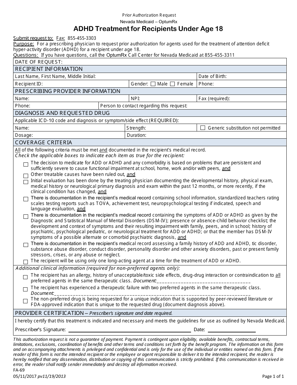 Form FA-69 Prior Authorization Request - Adhd Treatment for Recipients Under Age 18 - Nevada, Page 1