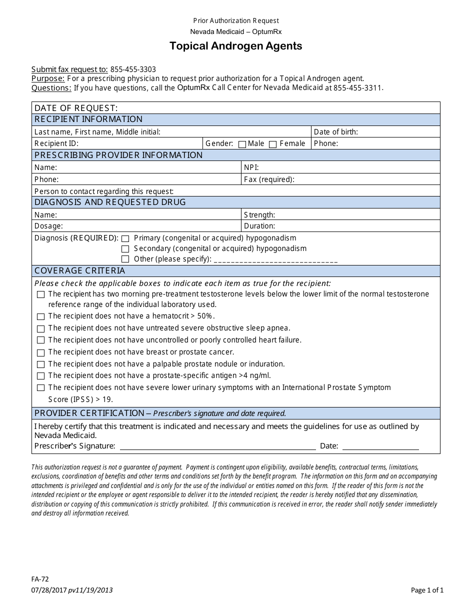 Form FA-72 Prior Authorization Request - Topical Androgen Agents - Nevada, Page 1