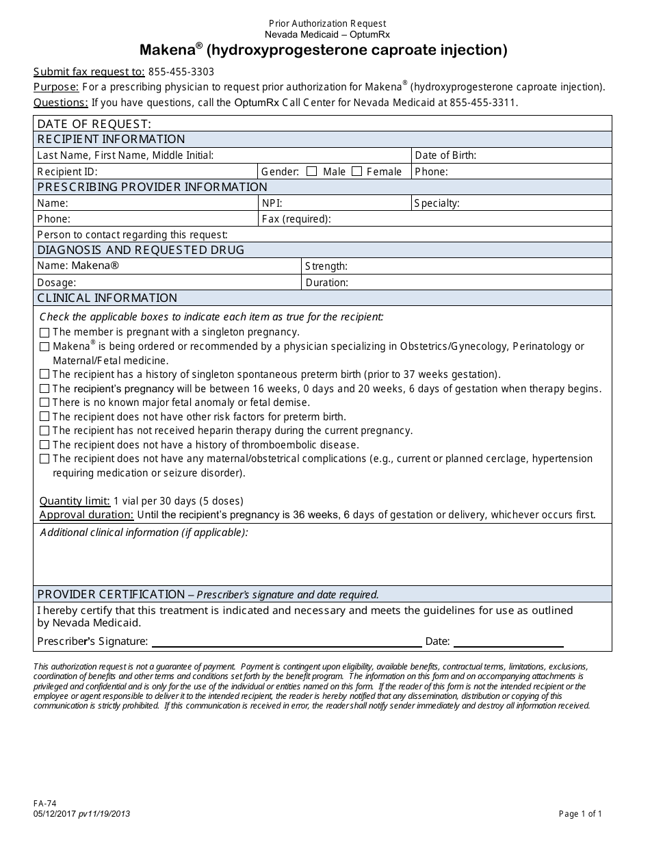 Form FA-74 Prior Authorization Request - Makena (Hydroxyprogesterone Caproate Injection) - Nevada, Page 1