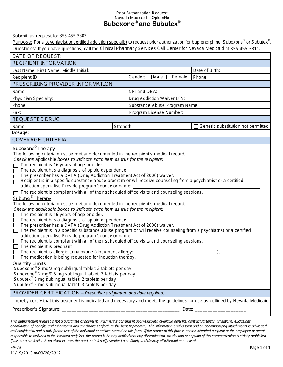 Form FA-73 Prior Authorization Request Nevada Medicaid - Optumrx - Suboxone and Subutex - Nevada, Page 1