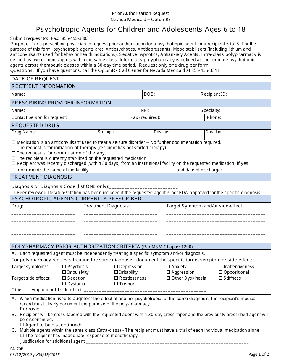 Form FA-70B Prior Authorization Request - Psychotropic Agents for Children and Adolescents Ages 6 to 18 - Nevada, Page 1