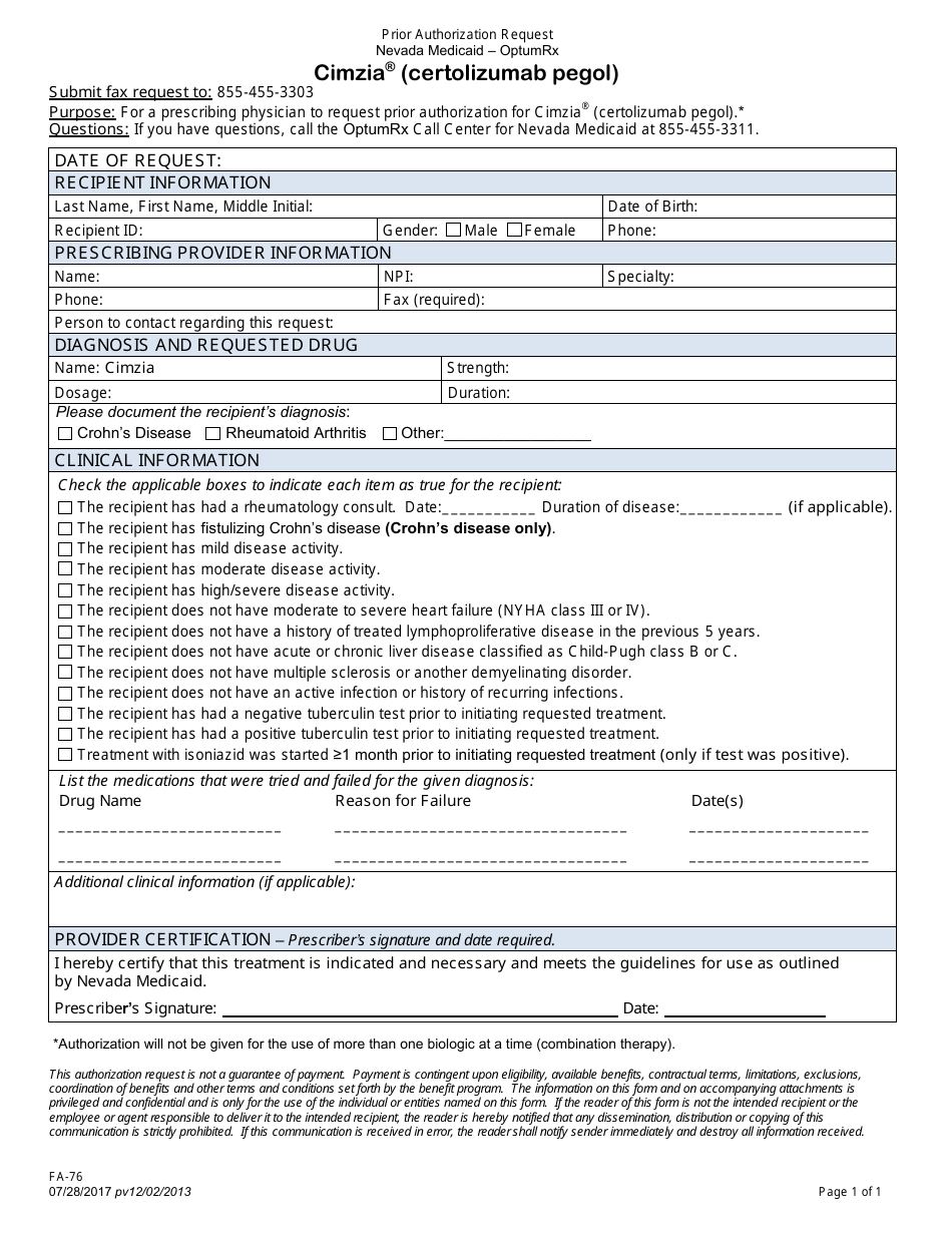 Form FA-76 Prior Authorization Request - Cimzia (Certolizumab Pegol) - Nevada, Page 1