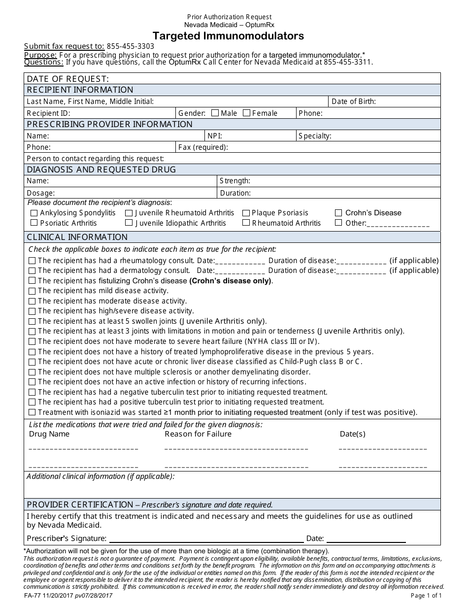 Form FA-77 Prior Authorization Request - Targeted Immunomodulators - Nevada, Page 1