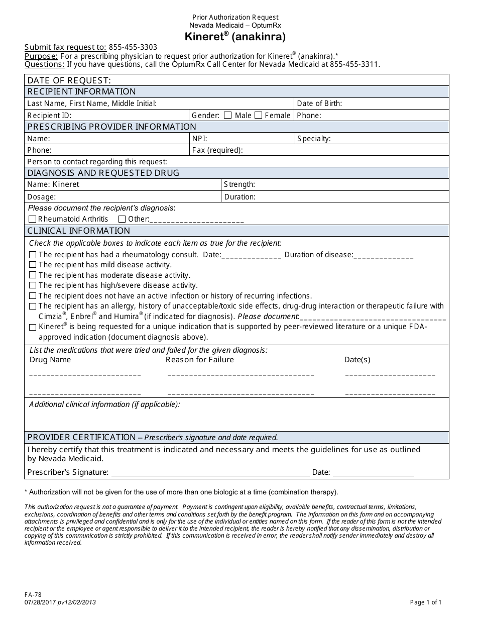 Form FA-78 Prior Authorization Request - Kineret (Anakinra) - Nevada, Page 1