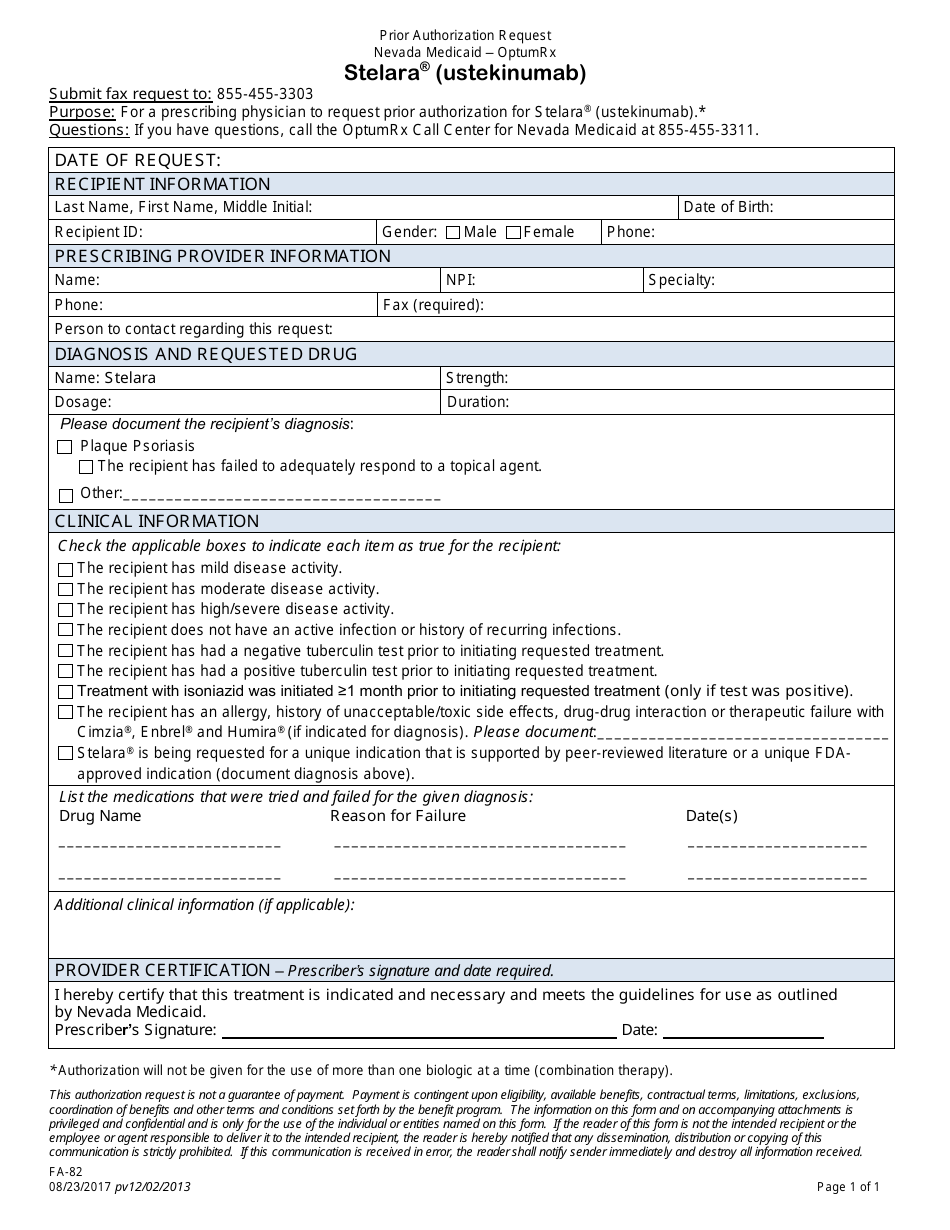 Form FA-82 Prior Authorization Request - Stelara (Ustekinumab) - Nevada, Page 1