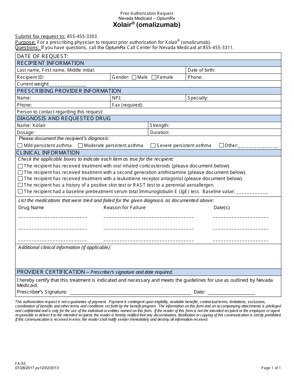 Form FA-83 Prior Authorization Request - Xolair (Omalizumab) - Nevada, Page 1