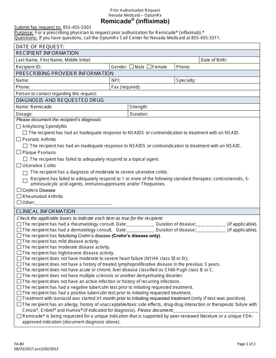 Form FA-80 Prior Authorization Request - Remicade (Infliximab) - Nevada, Page 1
