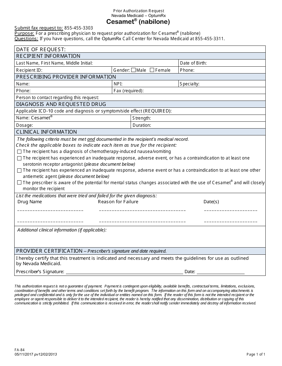 Form FA-84 Prior Authorization Request - Cesamet (Nabilone) - Nevada, Page 1