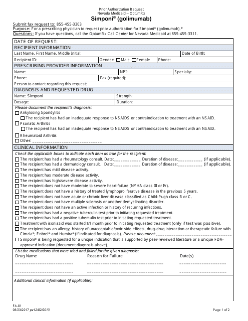 Form FA 81 Download Fillable PDF Or Fill Online Prior Authorization 