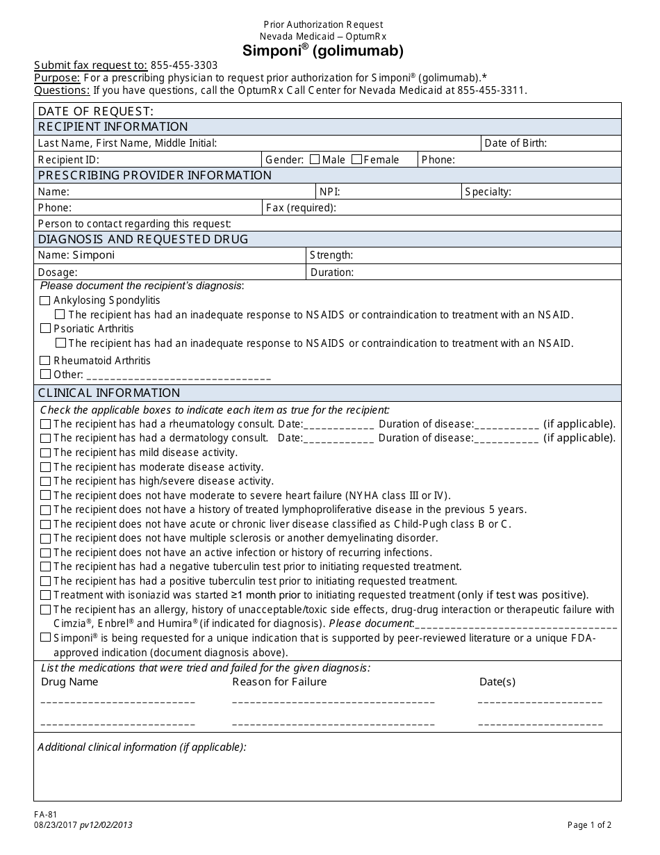 Form FA-81 Prior Authorization Request - Simponi (Golimumab) - Nevada, Page 1