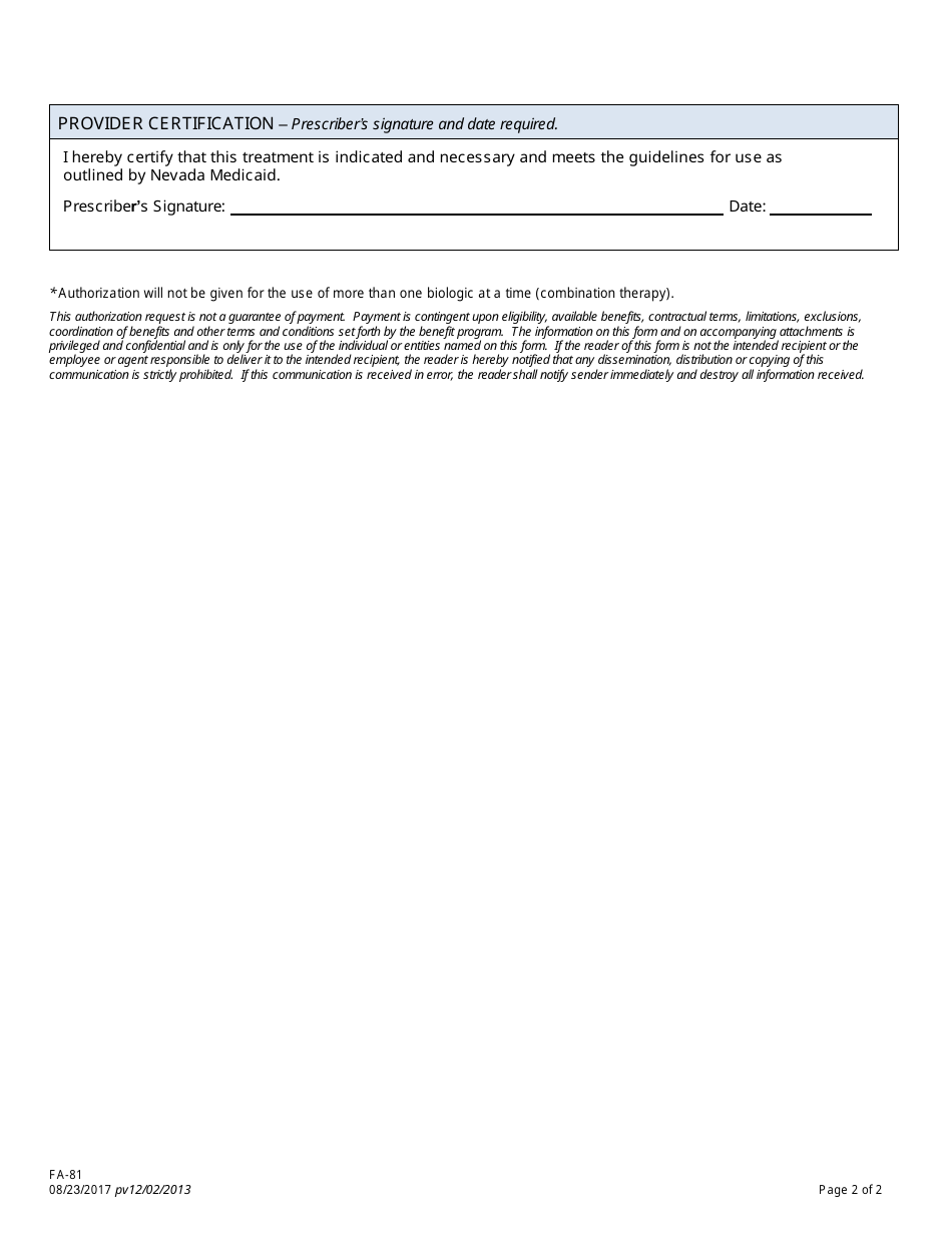 Form FA-81 Prior Authorization Request - Simponi (Golimumab) - Nevada, Page 2