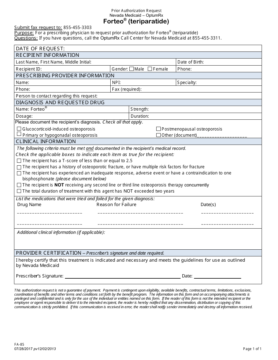 Form FA-85 Prior Authorization Reques - Forteo (Teriparatide) - Nevada, Page 1