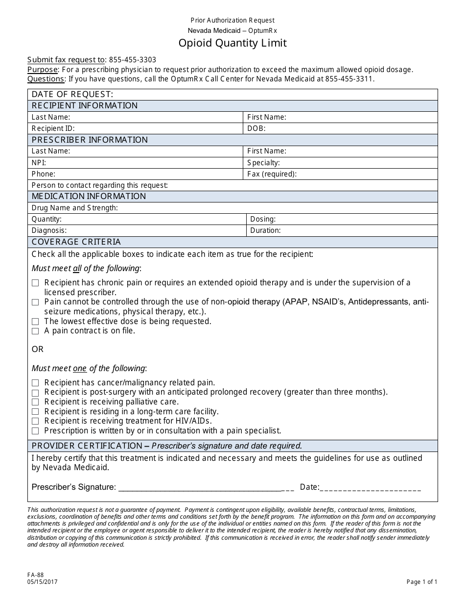 Form FA-88 Prior Authorization Request - Opioid Quantity Limit - Nevada, Page 1