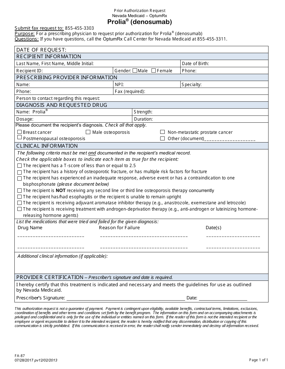 Form FA-87 Prior Authorization Request -prolia(Denosumab) - Nevada, Page 1