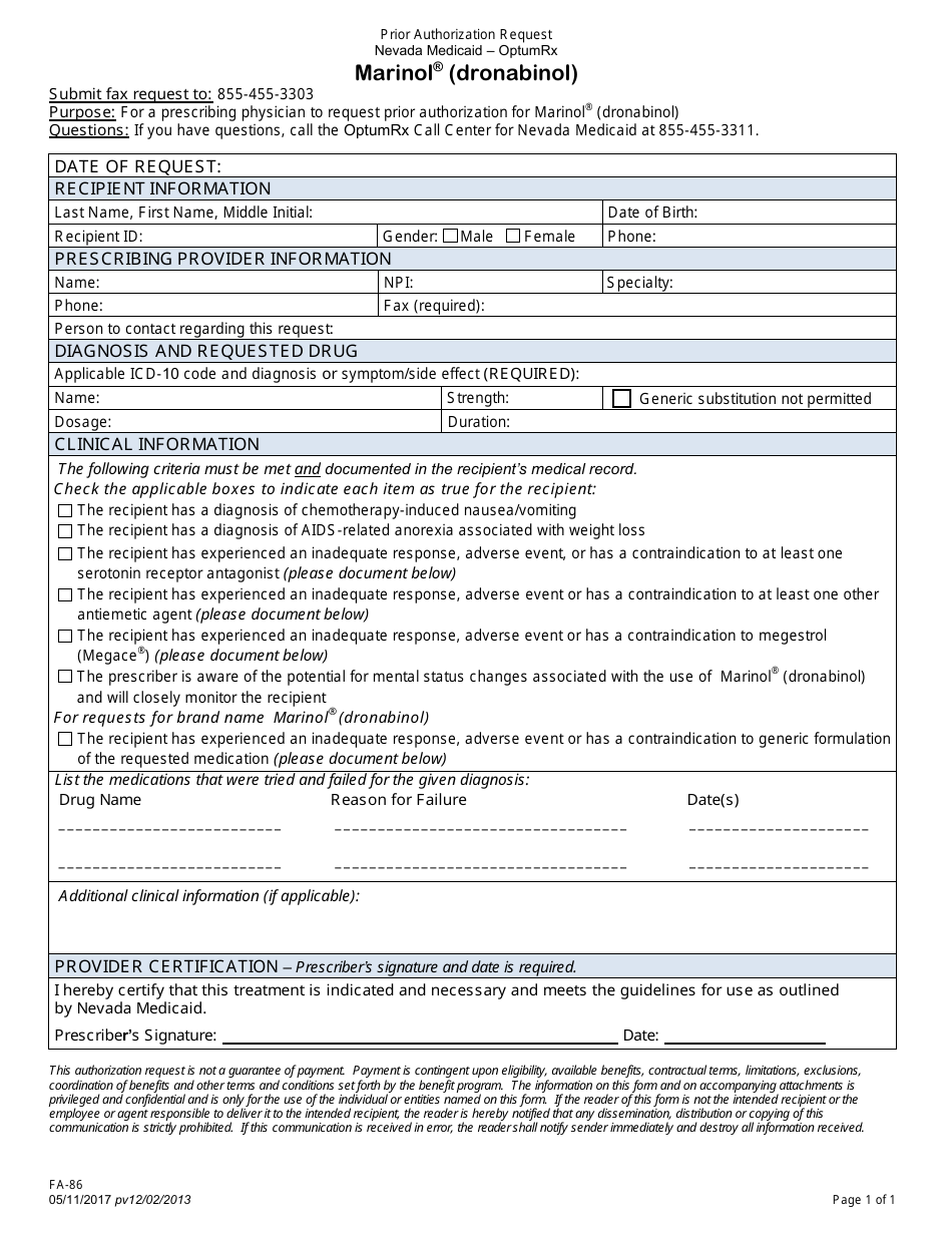 Form FA-86 Prior Authorization Request - Marinol (Dronabinol) - Nevada, Page 1