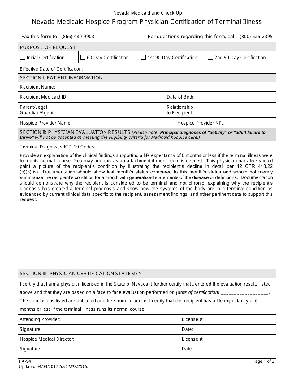 Form FA-94 Physician Certification of Terminal Illness - Nevada Medicaid Hospice Program - Nevada, Page 1