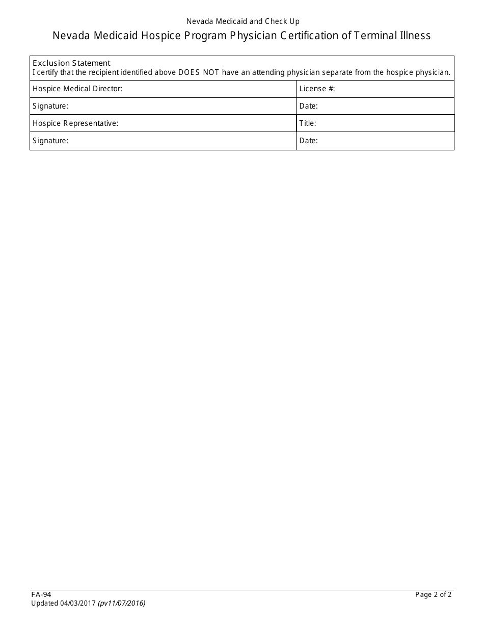 Form FA-94 Physician Certification of Terminal Illness - Nevada Medicaid Hospice Program - Nevada, Page 2