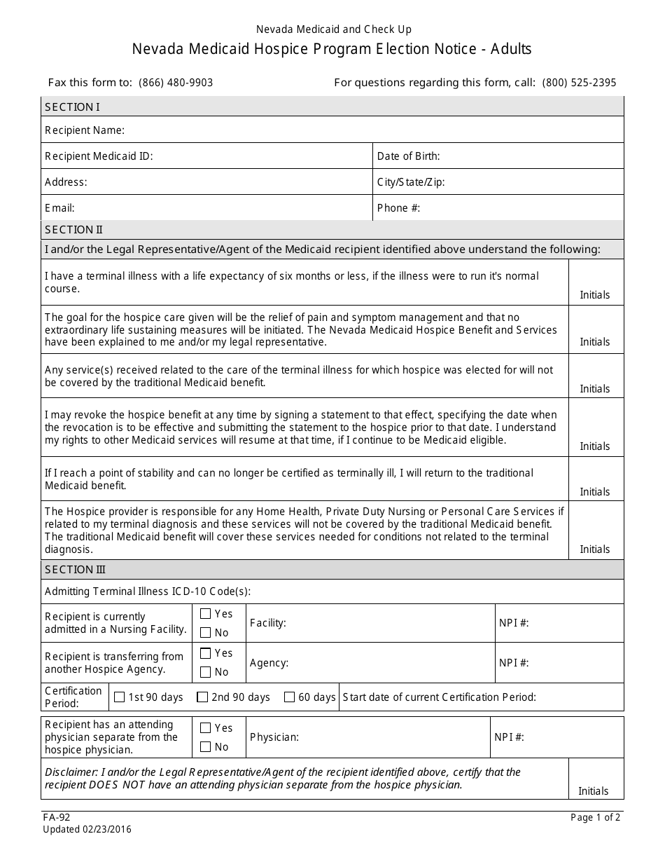Form FA-92 Nevada Medicaid Hospice Program Election Notice - Adults - Nevada, Page 1