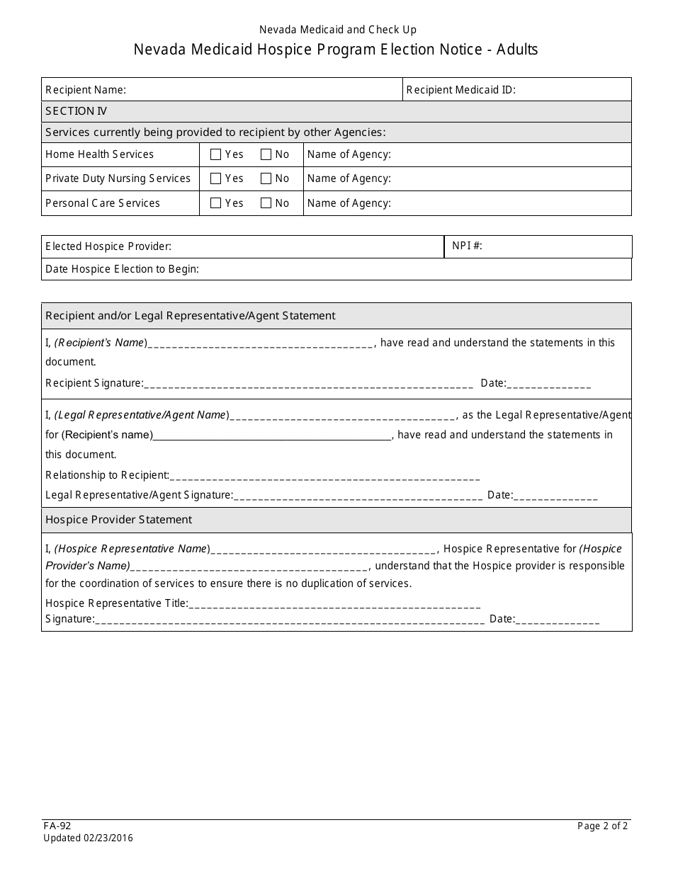 Form FA-92 Nevada Medicaid Hospice Program Election Notice - Adults - Nevada, Page 2