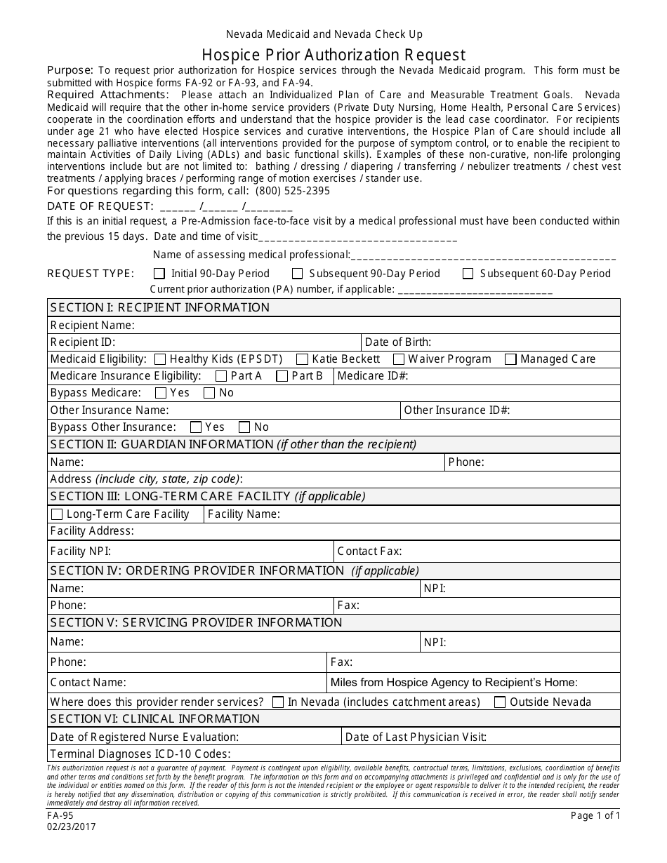 Form FA-95 Hospice Prior Authorization Request - Nevada, Page 1