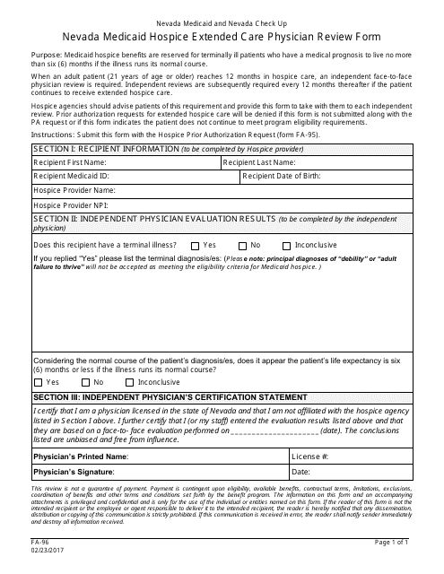 Form FA-96 Nevada Medicaid Hospice Extended Care Physician Review Form - Nevada