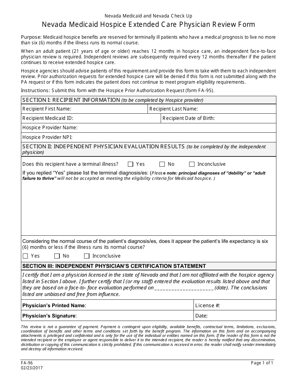 Form FA-96 Nevada Medicaid Hospice Extended Care Physician Review Form - Nevada, Page 1