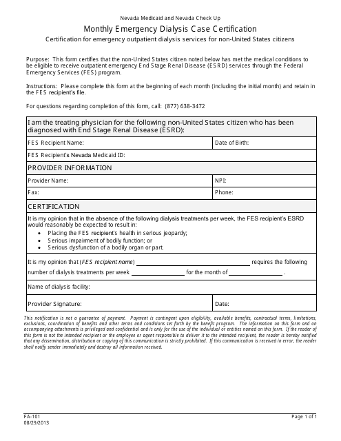 Form FA-101 Monthly Emergency Dialysis Case Certification - Nevada