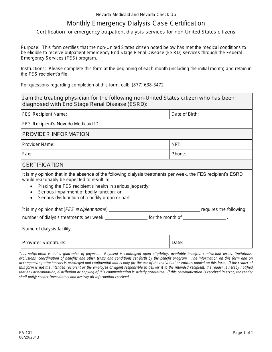 Form FA-101 Monthly Emergency Dialysis Case Certification - Nevada, Page 1