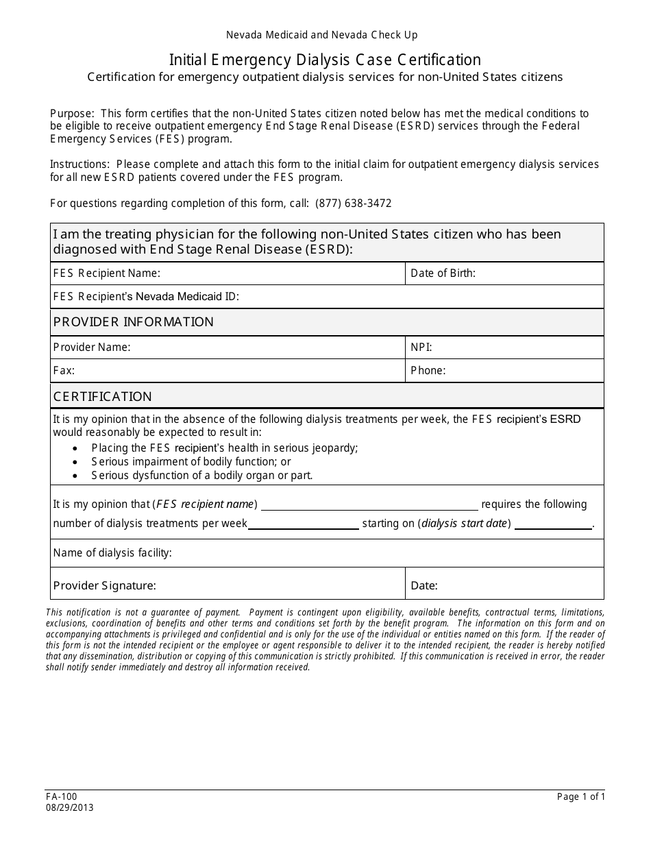 Form FA-100 Initial Emergency Dialysis Case Certification - Nevada, Page 1