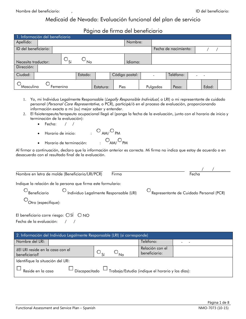 Formulario NMO-7073 Evaluacion Funcional Del Plan De Servicio - Nevada (Spanish), Page 1
