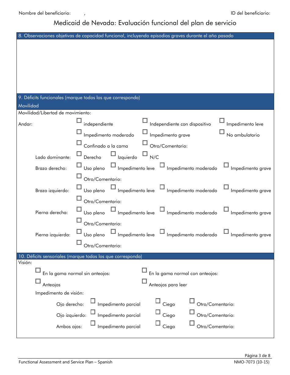 Formulario NMO-7073 Evaluacion Funcional Del Plan De Servicio - Nevada (Spanish), Page 3