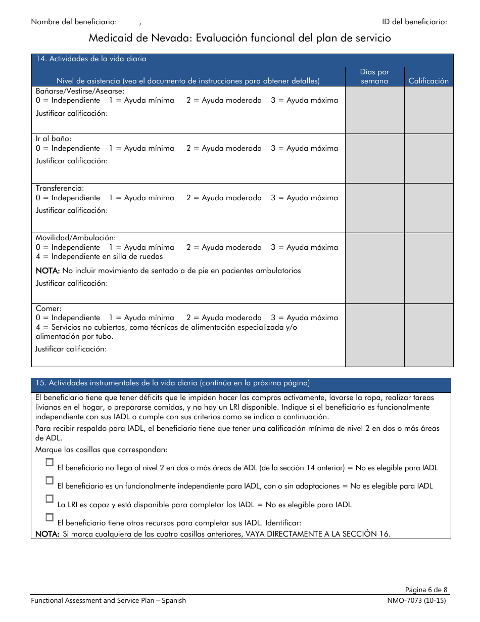 Formulario NMO-7073 Evaluacion Funcional Del Plan De Servicio - Nevada (Spanish), Page 6