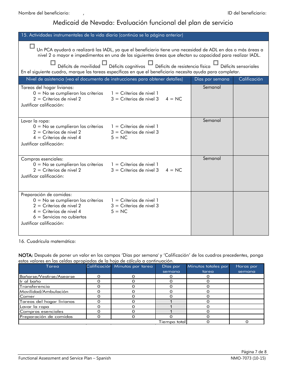 Formulario NMO-7073 Evaluacion Funcional Del Plan De Servicio - Nevada (Spanish), Page 7