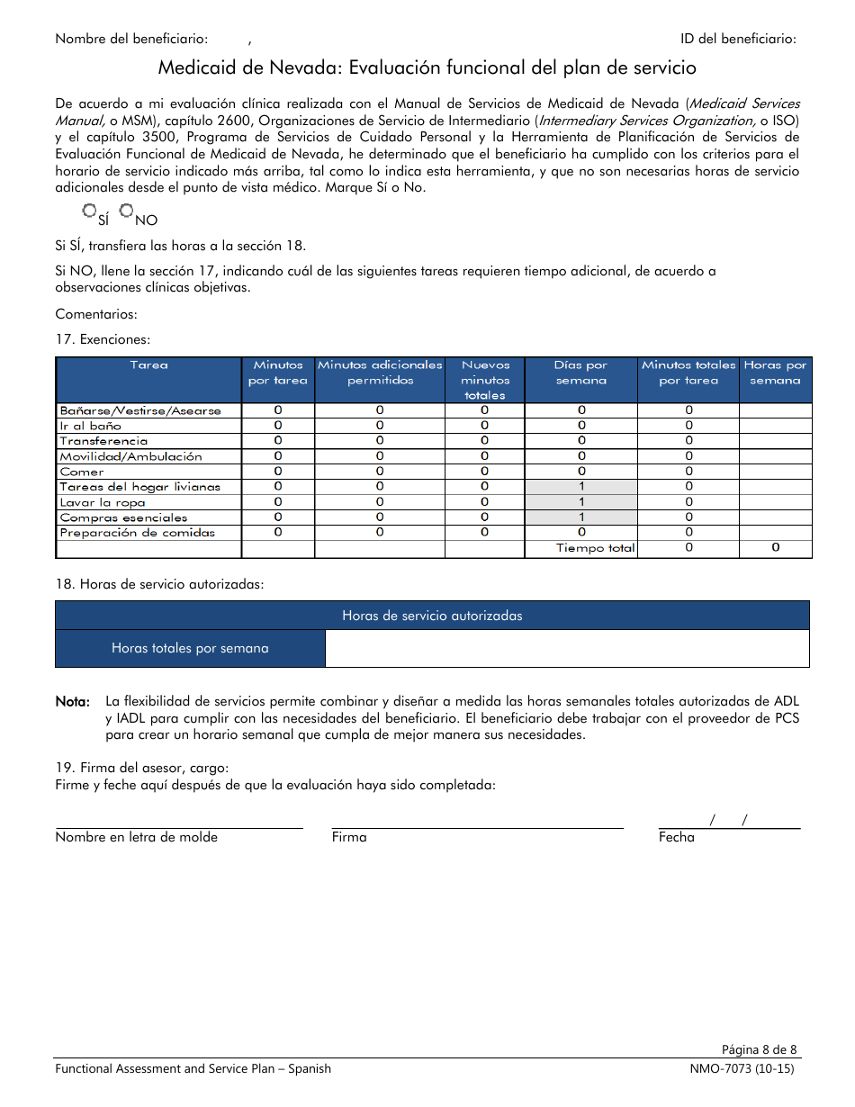 Formulario NMO-7073 Evaluacion Funcional Del Plan De Servicio - Nevada (Spanish), Page 8