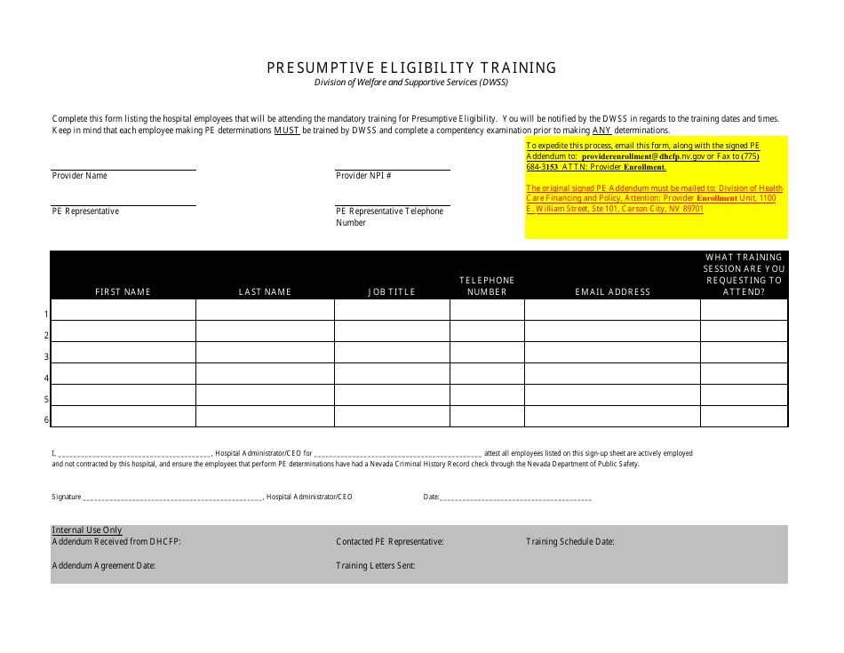 Presumptive Eligibility Training Sign-Up Form - Nevada, Page 1