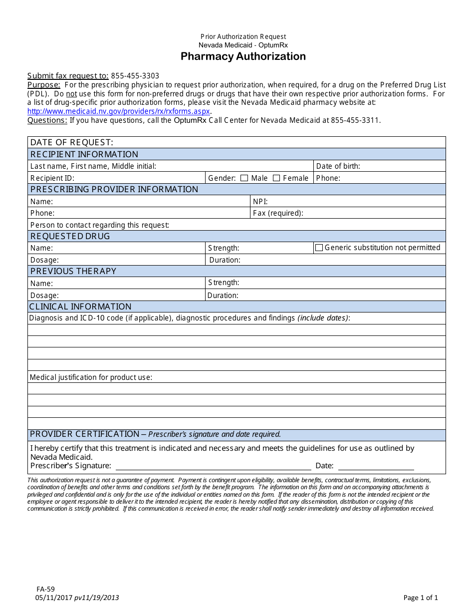 Form FA-59 Prior Authorization - Nevada, Page 1