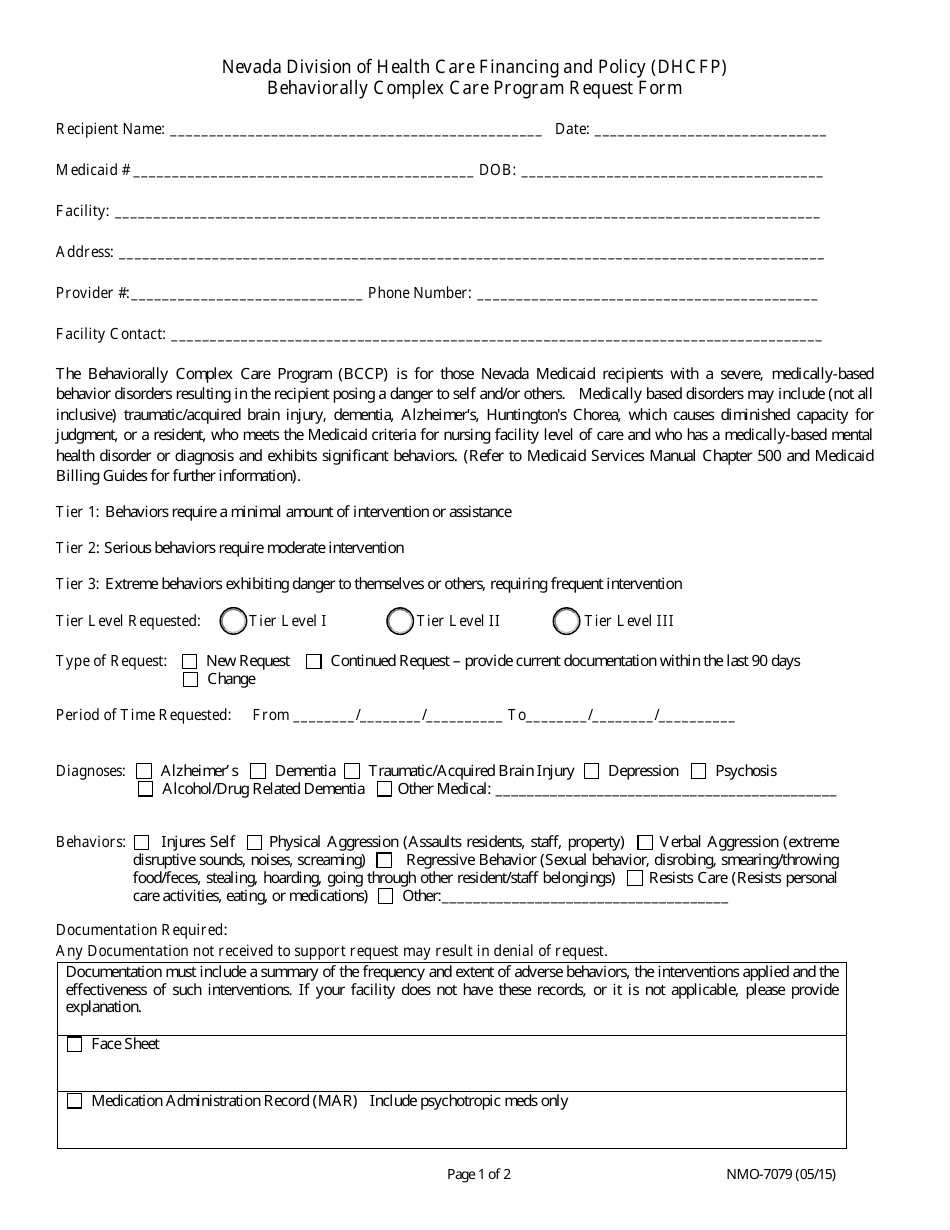 Form NMO-7079 Behaviorally Complex Care Program Request Form - Nevada, Page 1