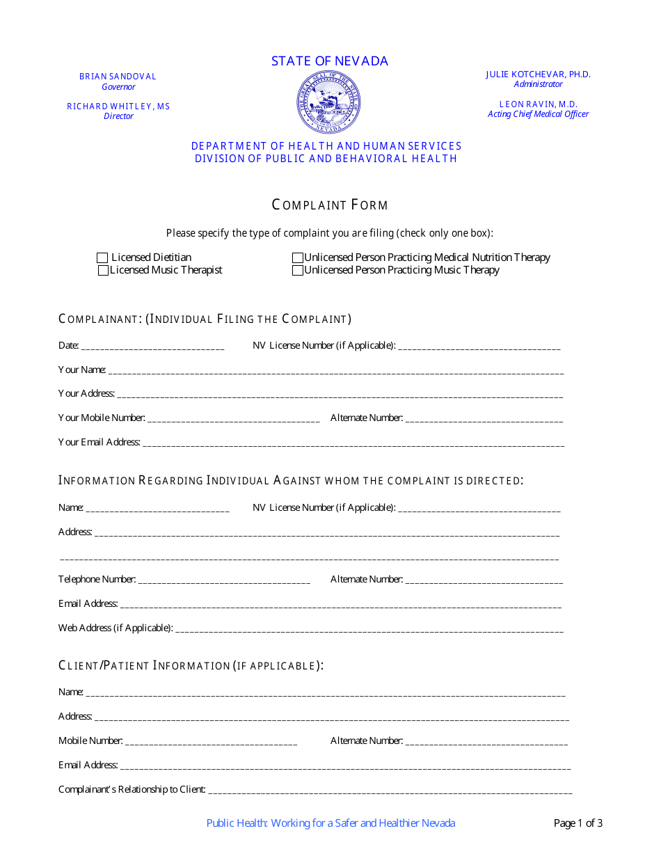 Dietitian / Music Therapist Complaint Form - Nevada, Page 1