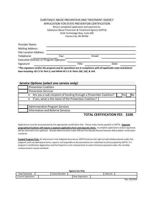 Application for State Prevention Certification - Nevada Download Pdf