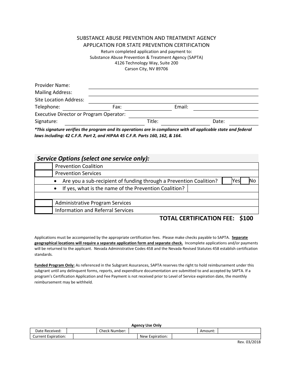 Application for State Prevention Certification - Nevada, Page 1