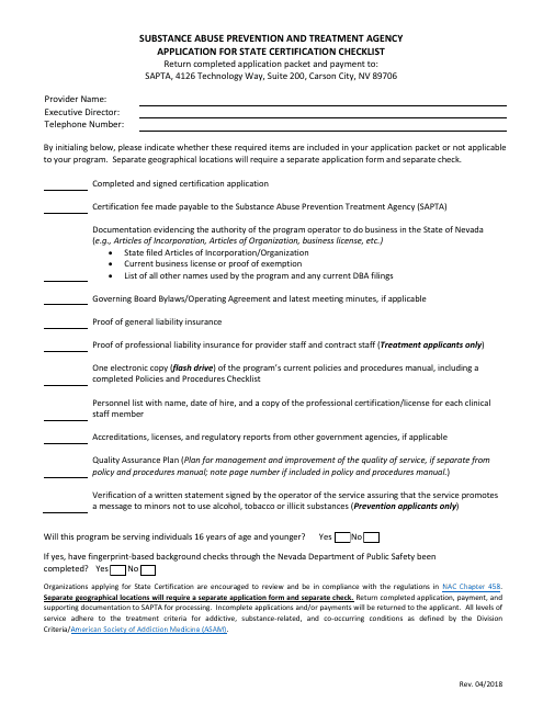 Application for State Certification Checklist - Nevada Download Pdf